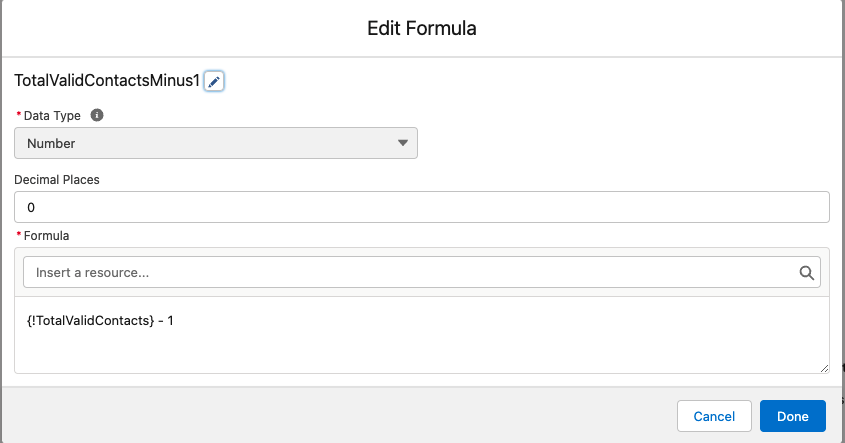 Edit Formula TotalValidContactsMinus1